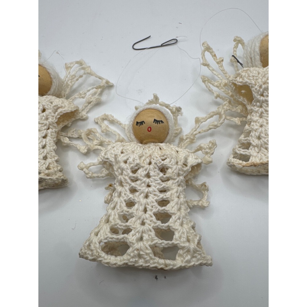 Vintage Handmade Crochet Angel Christmas Ornaments Wood Bead Face Set of 3 Cream